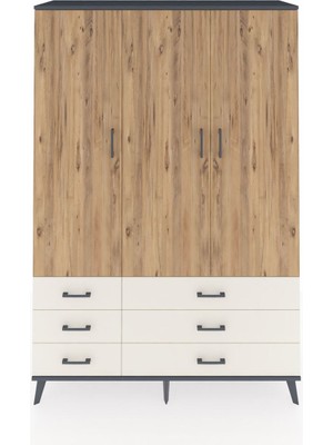 Dienni Hyperion Dolap 5 Raflı 6 Çekmeceli Tek Askılı 132X44X195 Antrasit-Çam/aytaşı