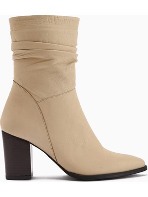 Limoya Tamina Hakiki Deri Bej Sivri Burunlu Topuklu Kadın Bot