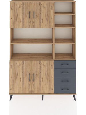 Dienni Arges Dolap 9 Raflı 4 Çekmeceli 4 Kapaklı 132X30X195 Çam-Çam/antrasit