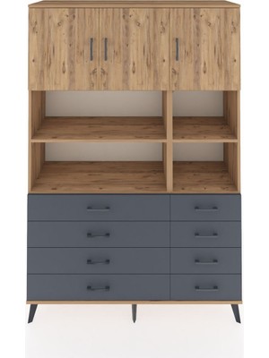 Dienni Hyperion Dolap 8 Raflı 8 Çekmeceli 3 Kapaklı 132X44X195 Çam-Çam/antrasit