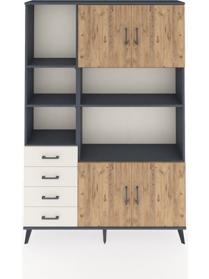 Dienni Arges Dolap 8 Raflı 4 Çekmeceli 4 Kapaklı 132X30X195 Antrasit-Çam/aytaşı