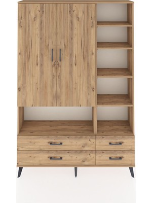 Dienni Arges Dolap 10 Raflı 4 Çekmeceli 2 Kapaklı 132X30X195 Çam-Çam/çam