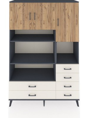 Dienni Hyperion Dolap 9 Raflı 6 Çekmeceli 3 Kapaklı 132X44X195 Antrasit-Çam/aytaşı