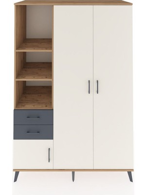 Dienni Kronos Dolap 5 Raflı 2 Çekmeceli Tek Askılı 132X59X195 Çam-Aytaşı/antrasit