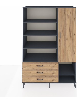 Dienni Hyperion Dolap 9 Raflı 3 Çekmeceli Tek Kapaklı  132X44X195 Antrasit-Çam/çam