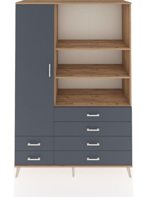 Dienni Hyperion Dolap 7 Raflı 6 Çekmeceli Tek Kapaklı  132X44X195 Çam-Antrasit/antrasit