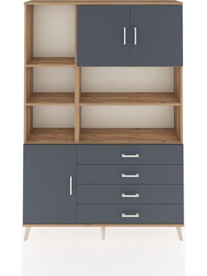 Dienni Arges Dolap 8 Raflı 4 Çekmeceli 3 Kapaklı 132X30X195 Çam-Antrasit/antrasit