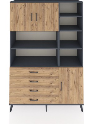 Dienni Hyperion Dolap 9 Raflı 4 Çekmeceli 3 Kapaklı 132X44X195 Antrasit-Çam/çam