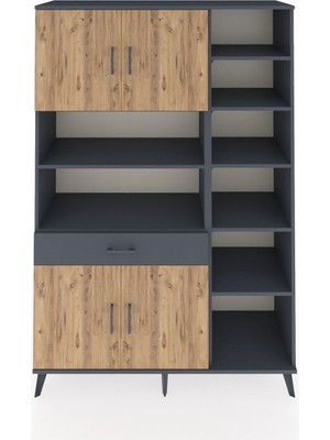 Dienni Hyperion Dolap 10 Raflı Tek Çekmeceli 4 Kapaklı 132X44X195 Antrasit-Çam/antrasit