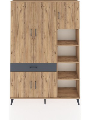 Dienni Arges Dolap 10 Raflı Tek Çekmeceli 5 Kapaklı 132X30X195 Çam-Çam/antrasit