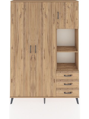 Dienni Arges Dolap 5 Raflı 3 Çekmeceli Tek Askılı 132X30X195 Çam-Çam/çam