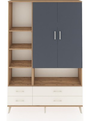 Dienni Arges Dolap 8 Raflı 4 Çekmeceli 2 Kapaklı 132X30X195 Çam-Antrasit/aytaşı