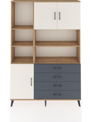 Dienni Arges Dolap 8 Raflı 4 Çekmeceli 3 Kapaklı 132X30X195 Çam-Aytaşı/antrasit