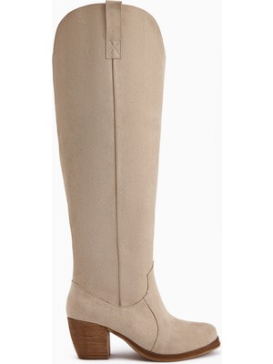 Limoya Leya Bej Süet Topuklu Fermuarsız Çizme