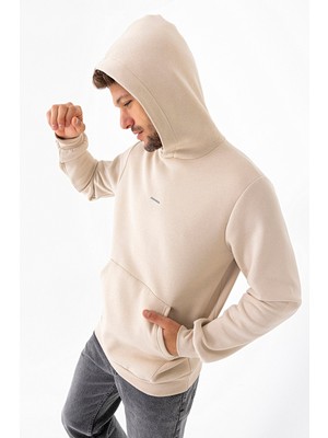 Erkek Kapüşonlu Baskılı Kanguru Cepli Sweatshirt Bej - 25K 5281