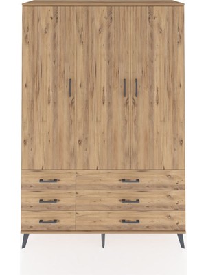 Dienni Hyperion Dolap 5 Raflı 6 Çekmeceli Tek Askılı 132X44X195 Çam-Çam/çam
