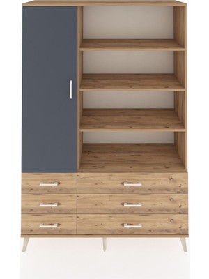 Dienni Hyperion Dolap 8 Raflı 6 Çekmeceli Tek Kapaklı  132X44X195 Çam-Antrasit/çam
