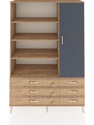Dienni Hyperion Dolap 8 Raflı 6 Çekmeceli Tek Kapaklı  132X44X195 Çam-Antrasit/çam