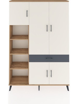 Dienni Arges Dolap 8 Raflı Tek Çekmeceli 5 Kapaklı 132X30X195 Çam-Aytaşı/antrasit