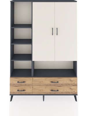 Dienni Arges Dolap 8 Raflı 4 Çekmeceli 2 Kapaklı 132X30X195 Antrasit-Aytaşı/çam