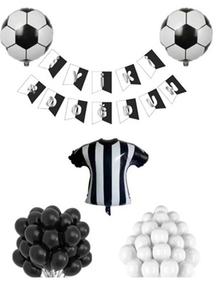 Sinda Siyah Beyaz Futbol Temalı Taraftar Seti - Doğum Günü Konsepti