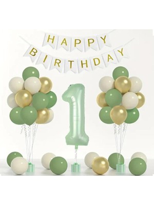Sinda Küf Yeşili Krom - Gold 1 Yaş Doğum Günü Parti Seti
