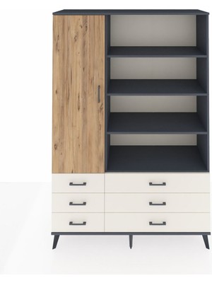 Dienni Hyperion Dolap 8 Raflı 6 Çekmeceli Tek Kapaklı  132X44X195 Antrasit-Çam/aytaşı