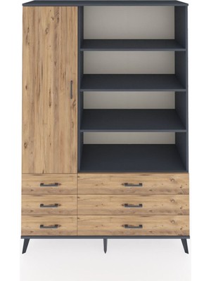Dienni Hyperion Dolap 8 Raflı 6 Çekmeceli Tek Kapaklı  132X44X195 Antrasit-Çam/çam