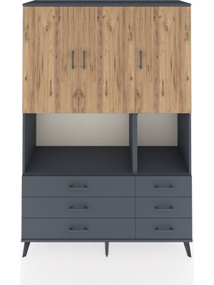 Dienni Hyperion Dolap 6 Raflı 6 Çekmeceli 3 Kapaklı 132X44X195 Antrasit-Çam/antrasit