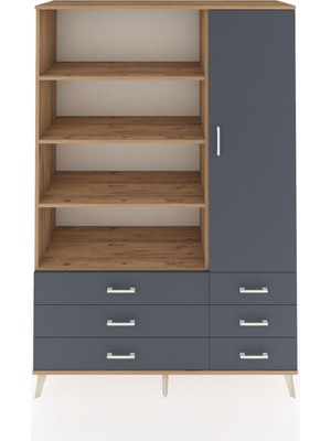 Dienni Hyperion Dolap 8 Raflı 6 Çekmeceli Tek Kapaklı  132X44X195 Çam-Antrasit/antrasit
