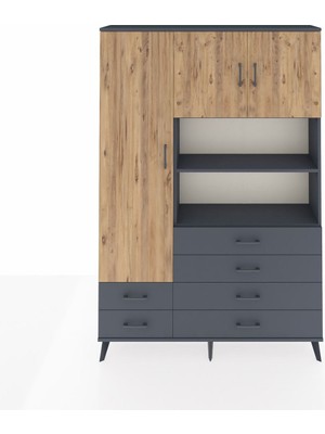 Dienni Arges Dolap 8 Raflı 6 Çekmeceli 3 Kapaklı 132X30X195 Antrasit-Çam/antrasit