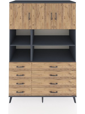 Dienni Kronos Dolap 8 Raflı 8 Çekmeceli 3 Kapaklı 132X59X195 Antrasit-Çam/çam