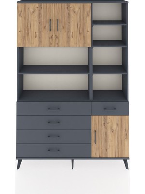 Dienni Arges Dolap 9 Raflı 5 Çekmeceli 3 Kapaklı 132X30X195 Antrasit-Çam/antrasit