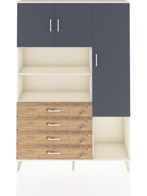 Dienni Arges Dolap 8 Raflı 4 Çekmeceli 3 Kapaklı 132X30X195 Aytaşı-Antrasit/çam