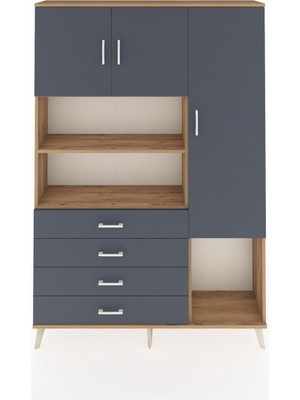 Dienni Arges Dolap 8 Raflı 4 Çekmeceli 3 Kapaklı 132X30X195 Çam-Antrasit/antrasit