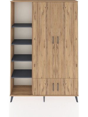 Dienni Arges Dolap 6 Raflı 4 Kapaklı Tek Askılı 132X30X195 Çam-Çam/antrasit