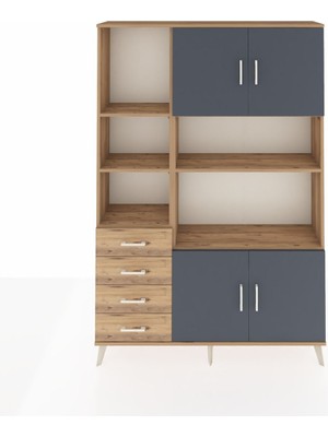 Dienni Arges Dolap 8 Raflı 4 Çekmeceli 4 Kapaklı 132X30X195 Çam-Antrasit/çam