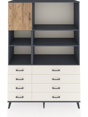 Dienni Hyperion Dolap 7 Raflı 8 Çekmeceli Tek Kapaklı  132X44X195 Antrasit-Çam/aytaşı