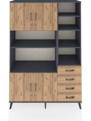 Dienni Hyperion Dolap 9 Raflı 4 Çekmeceli 4 Kapaklı 132X44X195 Antrasit-Çam/çam