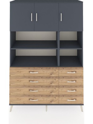 Dienni Hyperion Dolap 8 Raflı 8 Çekmeceli 3 Kapaklı 132X44X195 Antrasit-Antrasit/çam