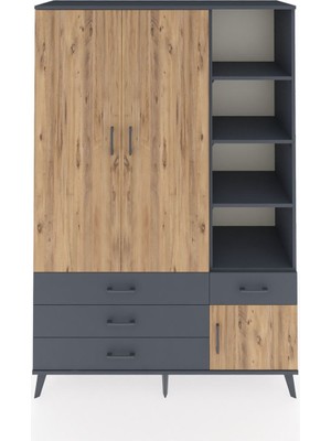 Dienni Hyperion Dolap 5 Raflı 4 Çekmeceli Tek Askılı 132X44X195 Antrasit-Çam/antrasit