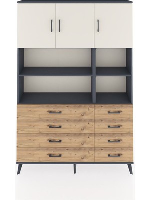 Dienni Arges Dolap 8 Raflı 8 Çekmeceli 3 Kapaklı 132X30X195 Antrasit-Aytaşı/çam