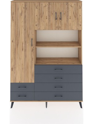 Dienni Arges Dolap 8 Raflı 6 Çekmeceli 3 Kapaklı 132X30X195 Çam-Çam/antrasit