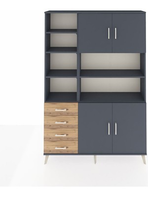 Dienni Arges Dolap 9 Raflı 4 Çekmeceli 4 Kapaklı 132X30X195 Antrasit-Antrasit/çam
