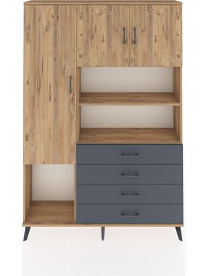 Dienni Arges Dolap 7 Raflı 4 Çekmeceli 3 Kapaklı 132X30X195 Çam-Çam/antrasit
