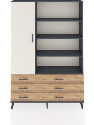 Dienni Arges Dolap 8 Raflı 6 Çekmeceli Tek Kapaklı  132X30X195 Antrasit-Aytaşı/çam