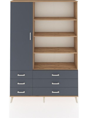 Dienni Arges Dolap 8 Raflı 6 Çekmeceli Tek Kapaklı  132X30X195 Çam-Antrasit/antrasit