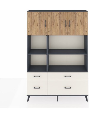 Dienni Arges Dolap 8 Raflı 4 Çekmeceli 3 Kapaklı 132X30X195 Antrasit-Çam/aytaşı