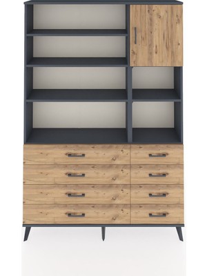Dienni Arges Dolap 8 Raflı 8 Çekmeceli Tek Kapaklı  132X30X195 Antrasit-Çam/çam