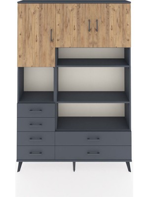 Dienni Arges Dolap 9 Raflı 6 Çekmeceli 3 Kapaklı 132X30X195 Antrasit-Çam/antrasit